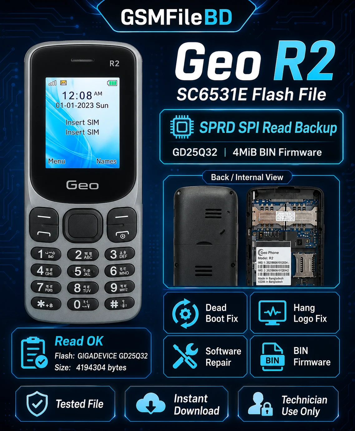 Geo R2 SC6531E Flash File SPRD SPI read backup with Boot Key 1 for dead boot fix and software repair