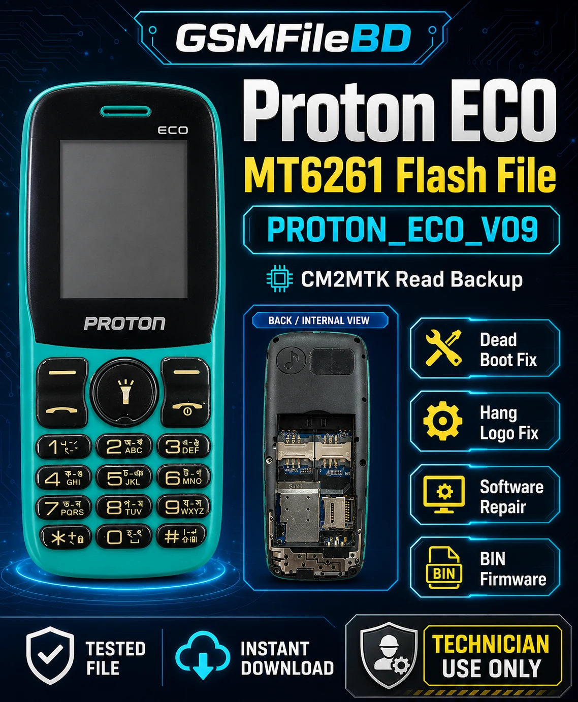 Proton ECO MT6261 Flash File PROTON_ECO_V09 tested CM2MTK read backup for dead boot fix, hang logo fix and software repair