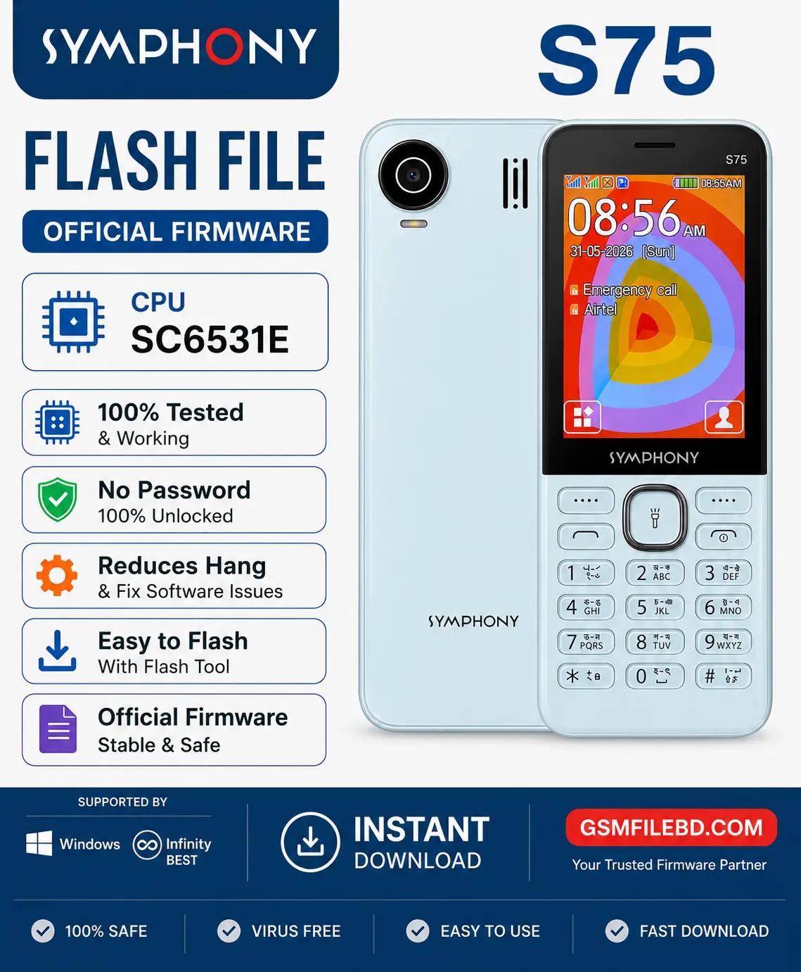 Download Symphony S75 Flash File Official Firmware for SC6531E CPU. Tested and working stock ROM for software repair, hang fix, boot issues, and firmware flashing.