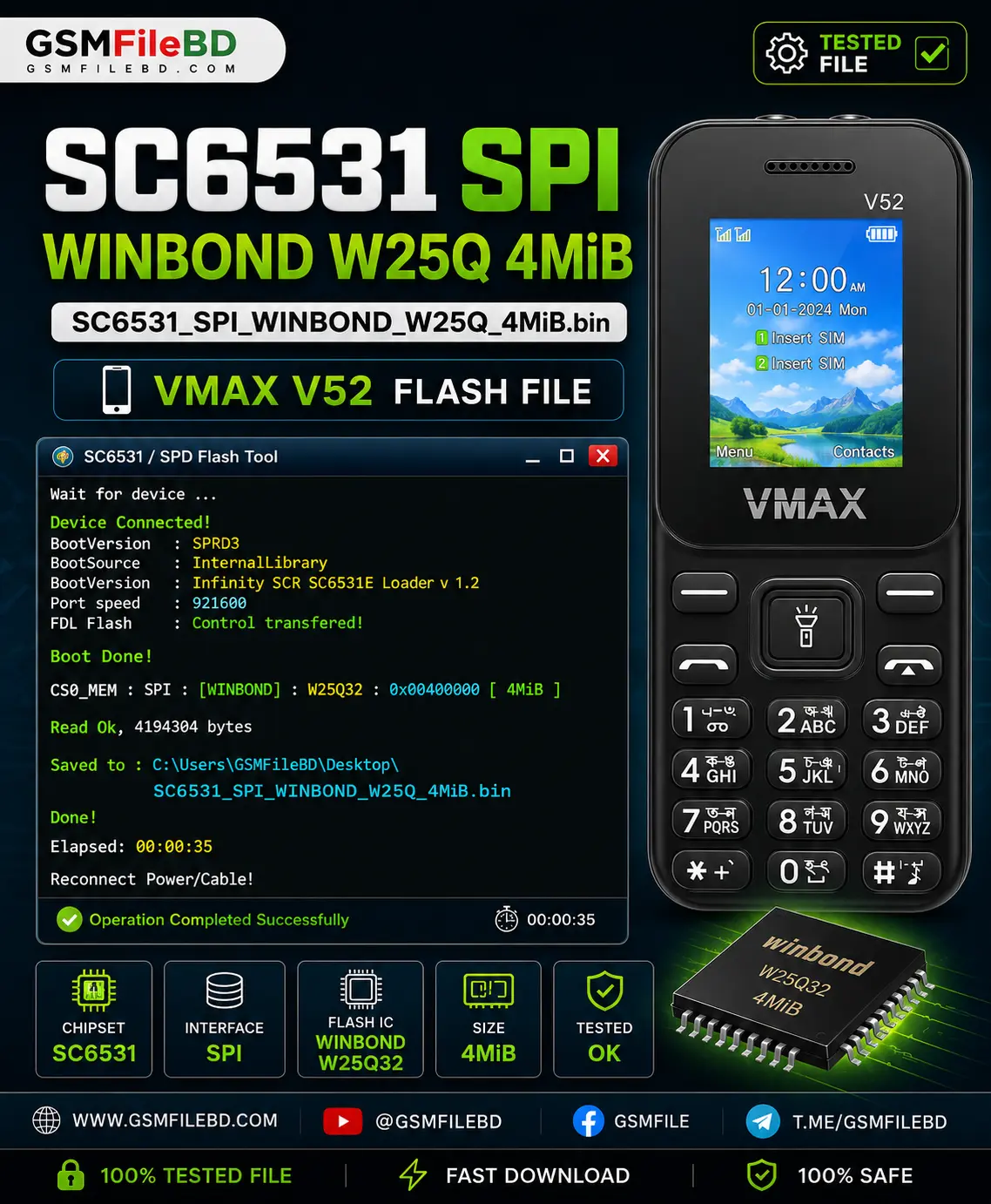 VMAX V52 SC6531 SPI Flash File Winbond W25Q32 4MiB tested firmware for feature phone software repair